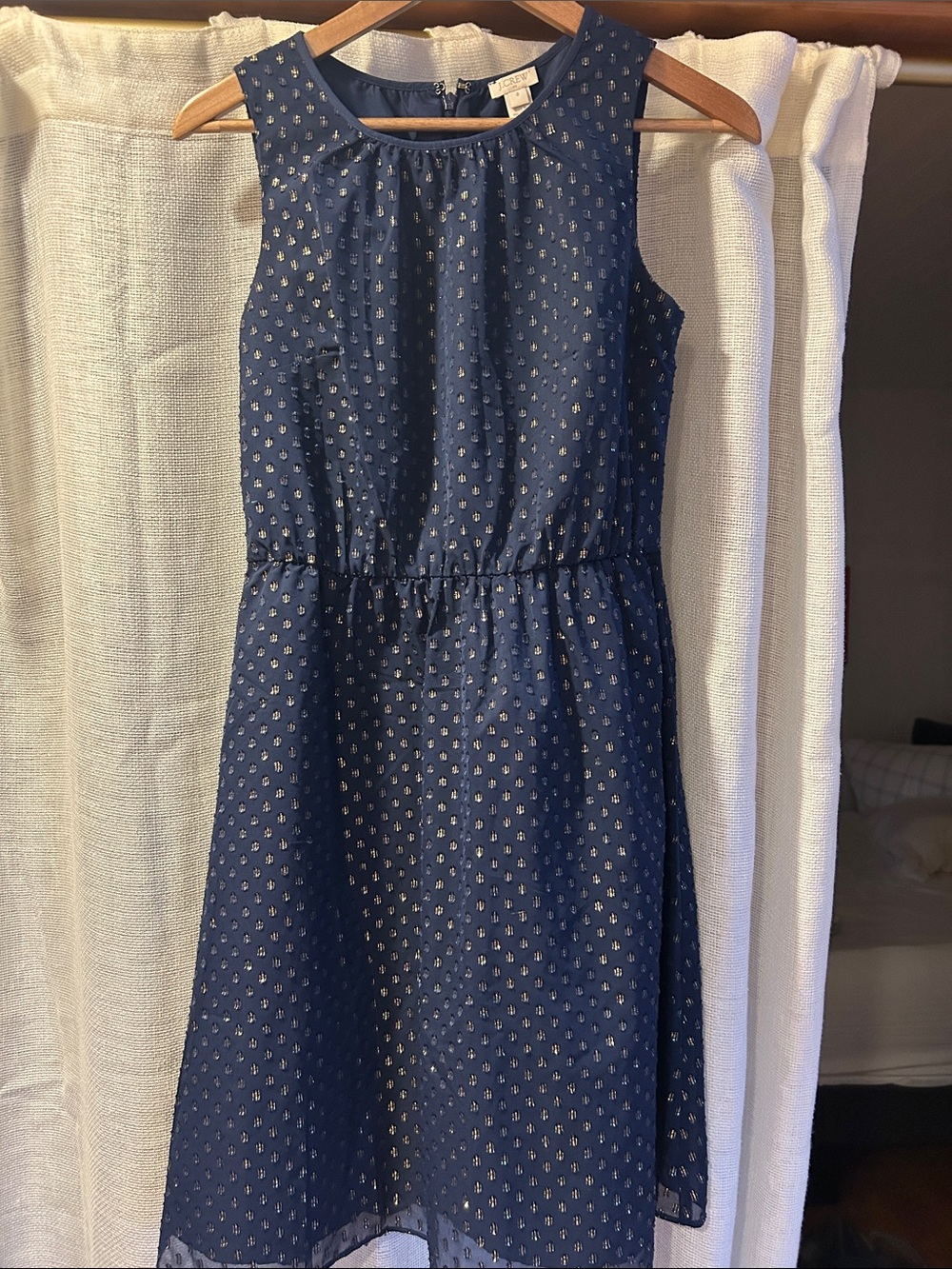 J. Crew Navy Sleeveless Dress with Gold Dot Print
